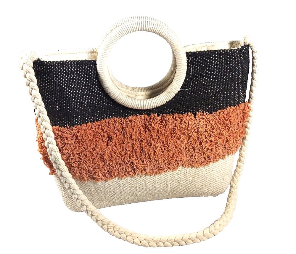 Time and Tru Boho Tote Bag Knit Woven Shag Fringe Crossbody Ring‎ Handle NWOT